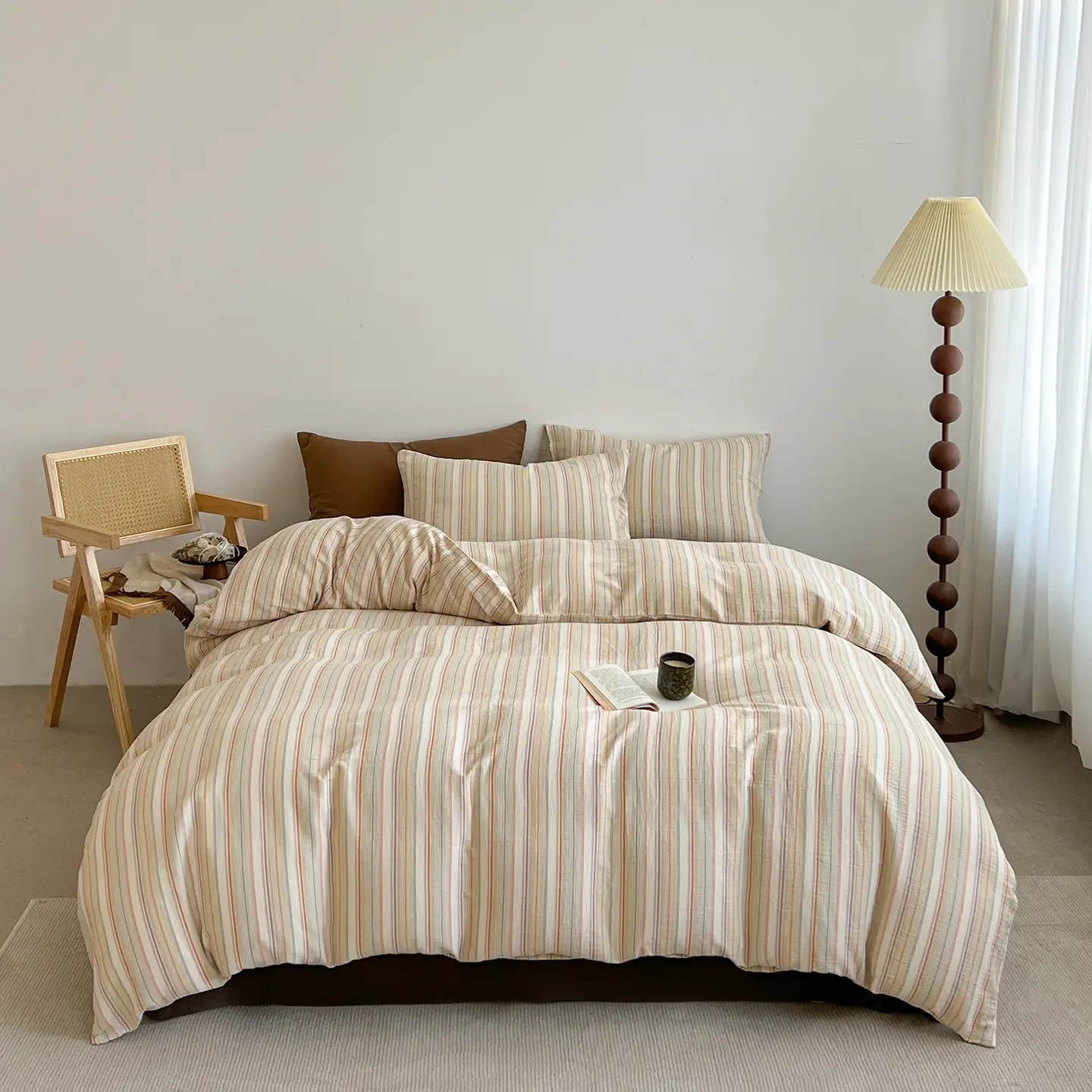 3/4 Pieces Colorful Striped Polyester Duvet Cover Set with Dyed Yarn Vertical Pinstripe Crochet Pattern, Natural French Farmhouse Breathable Bedding, Vintage Pinstripe Print Bed Set (1 Duvet Cover, 1 Flat Sheet, 1/2 Pillow Shams)