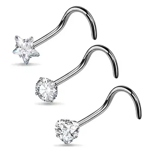 OUFER Body Jewelry 20G 3PCS High Quality Jewelry - Hypoallergenic Titanium Corkscrew Nose Studs with Star Tops, Cubic Zirconia, Implant-Safe Subtle Shine Piercing Accessory, Hypoallergenic Cubic Zirconia