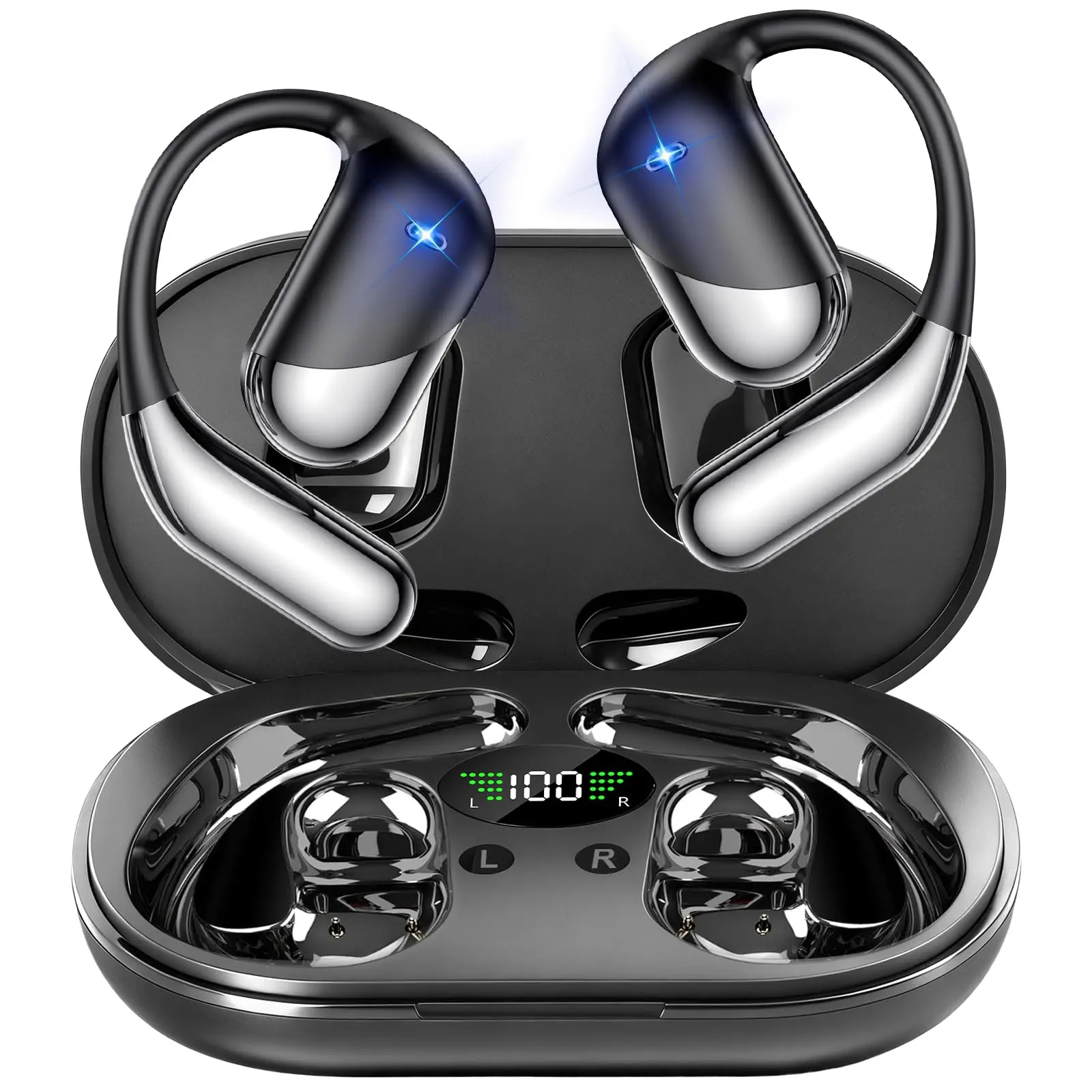 Open Ear Headphones,Over Ear Earbuds with Ergonomic Earhook,Bluetooth Headphones 5.4 with Smart Digital Display,40H Playtime,IPX6 Waterproof,Touch Control Operate Fit Cycling,Running,Workout(Black)