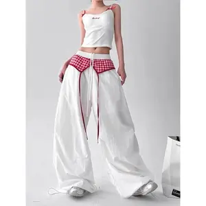 Retro American Style Summer 2025 Plaid Lace Waist Patchwork Loose Elastic Waist Casual Trousers Fake Two Piece Pants