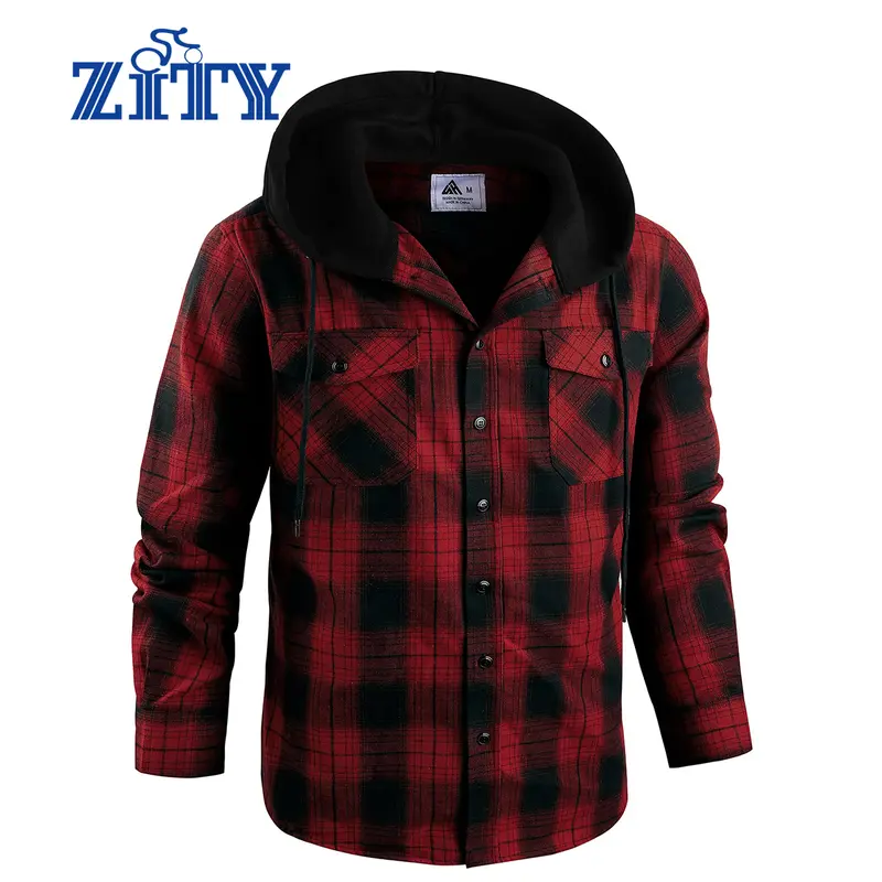 ZITY Men's Red Checkered Hooded Flannel - Ultra Soft Workwear Style Hoodie - Casual Lightweight Plaid Jacket for Fall Outfits - Essential Gingham Checked Top