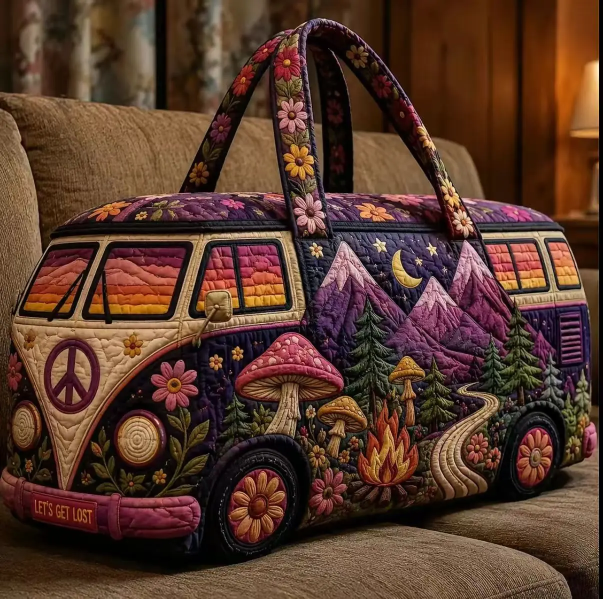 Boho Hippie Van  Duffel Bag for Women, Purple Mountain Mushroom Weekender Travel Bag, Large Capacity Overnight Carry On Tote for Camping, Road Trips, Gym, Vacation & Weekend Getaways