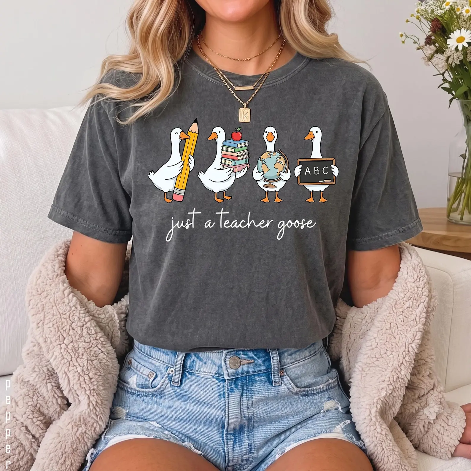 Just A Teacher Goose Comfort Colors T Shirt, Cute Goose Teacher Graphic Tee, Funny Classroom Shirt, Back to School Teacher Gift, Pencil Books ABC Design for Women