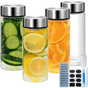4 Pack Juice Bottles with ,12oz Wide Mouth Glass Bottles with Stainless Steel Cap, Glass Water Bottle for Juicing, Smoothies, Infused Water,Beverage Storage,,Leakproof