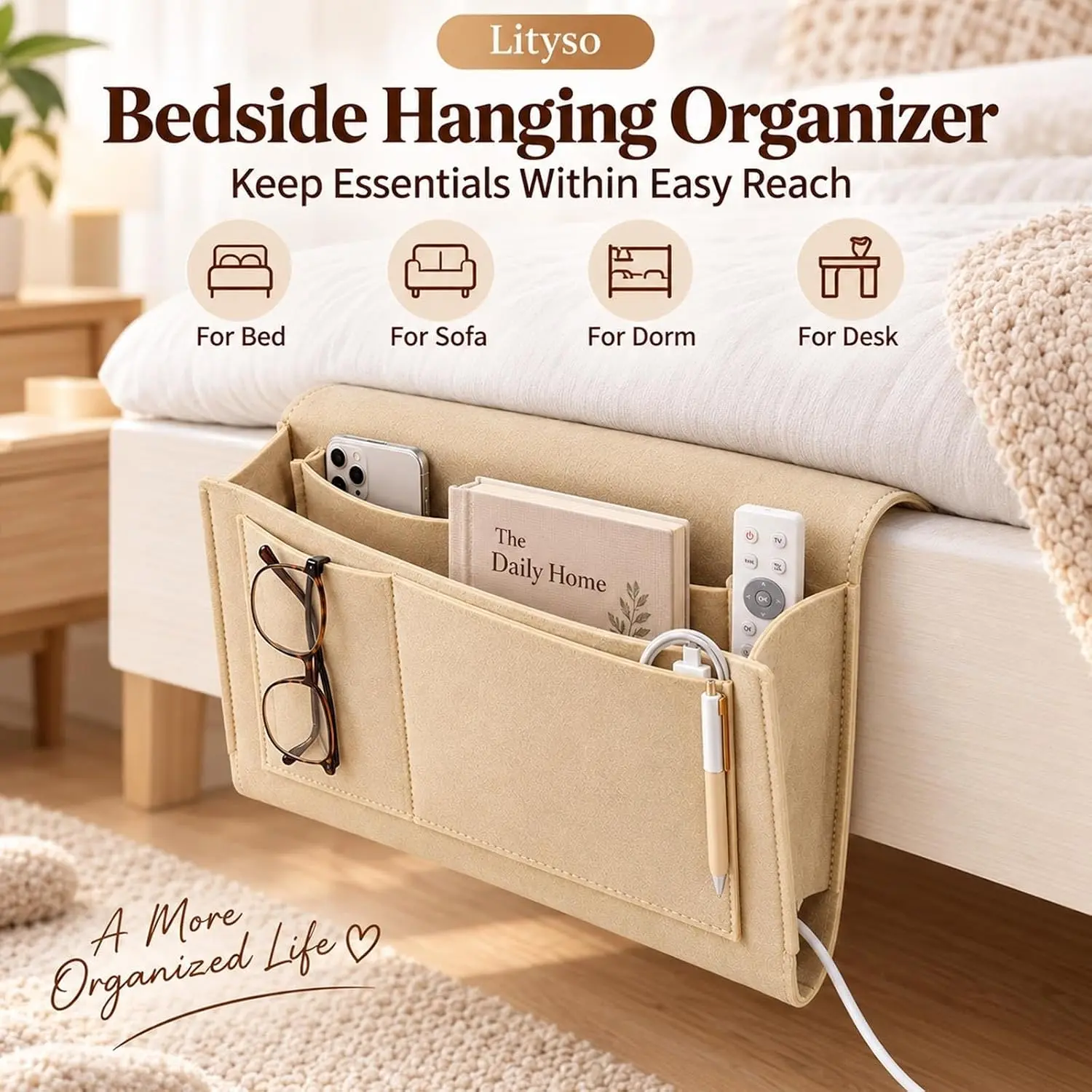 Bedside Caddy,Bed Caddy Bedside Organizer Hanging 5 Pocket Soft Felt Bed Pockets Bedside Storage Organizer Remote Control Holder for Bedroom Phones Glasses,Beige