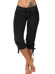 Women's Casual Seven-Quarter Pants with Pockets, Mid-Waist Drawstring Fitted Leg Design, Fashionable Summer & Spring