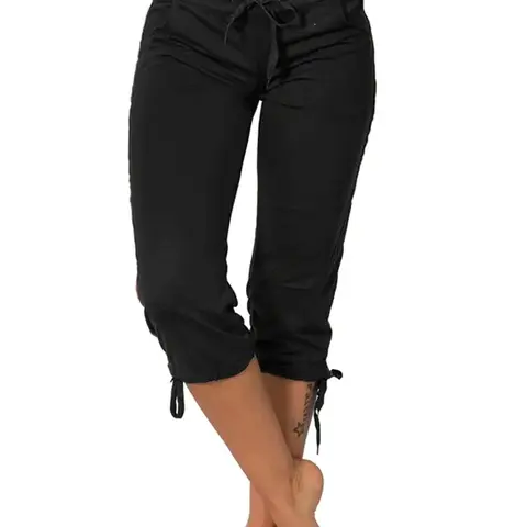 Women's Casual Basic Seven-Quarter Pants with Pockets, Mid-Waist Adjustable Drawstring Fitted Leg Design, Casual Trousers, Fashionable Summer & Spring, Fashion Casual Comfy, Womenswear