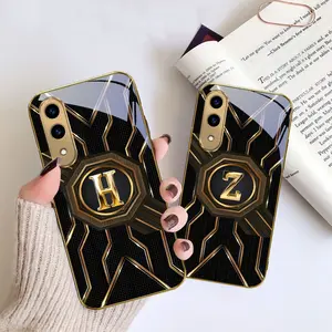 Gold letter "A" texture Phone case suitable for Samsung Galaxy S25 Edge/S21 FE/S22/S23/S23 FE/S23+/S23 Ultra/S24 FE/S24 Plus/S24 Ultra//S25 Ultra/S20/S21+/S21 Ultra/S22+/S22 Ultra/S21/S20+/S20Ultra/S25Plus/S20FE Golden glass protective case Accessories