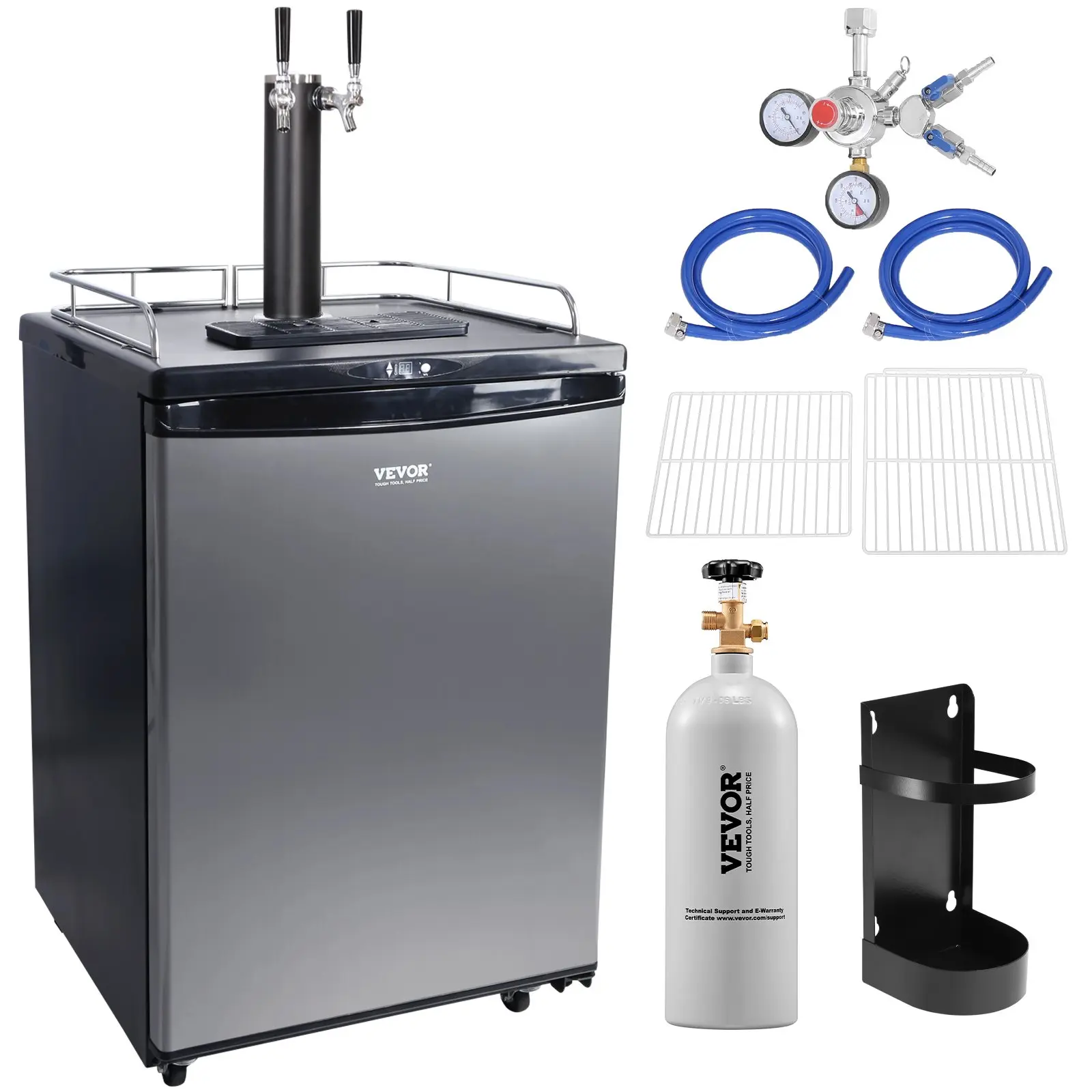 【Summerfinds】VEVOR Dual Tap Beer Kegerator, Full Size Keg Refrigerator with Shelves, CO2 Cylinder, Drip Tray & Rail, 32°F-75.2°F Temp Control, Holds 1/6,1/4,1/2 Barrels, Black, Includes Accessories, Fathers Day, 115.7 Lbs / 52.5 Kg, Stainless Steel, A, Be