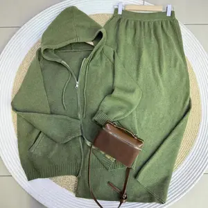 2025 Autumn New European and American Cross-Border Women's Fashion Hooded Knitted Sweater Cardigan Zipper Long Sleeve Jacket Straight Skirt