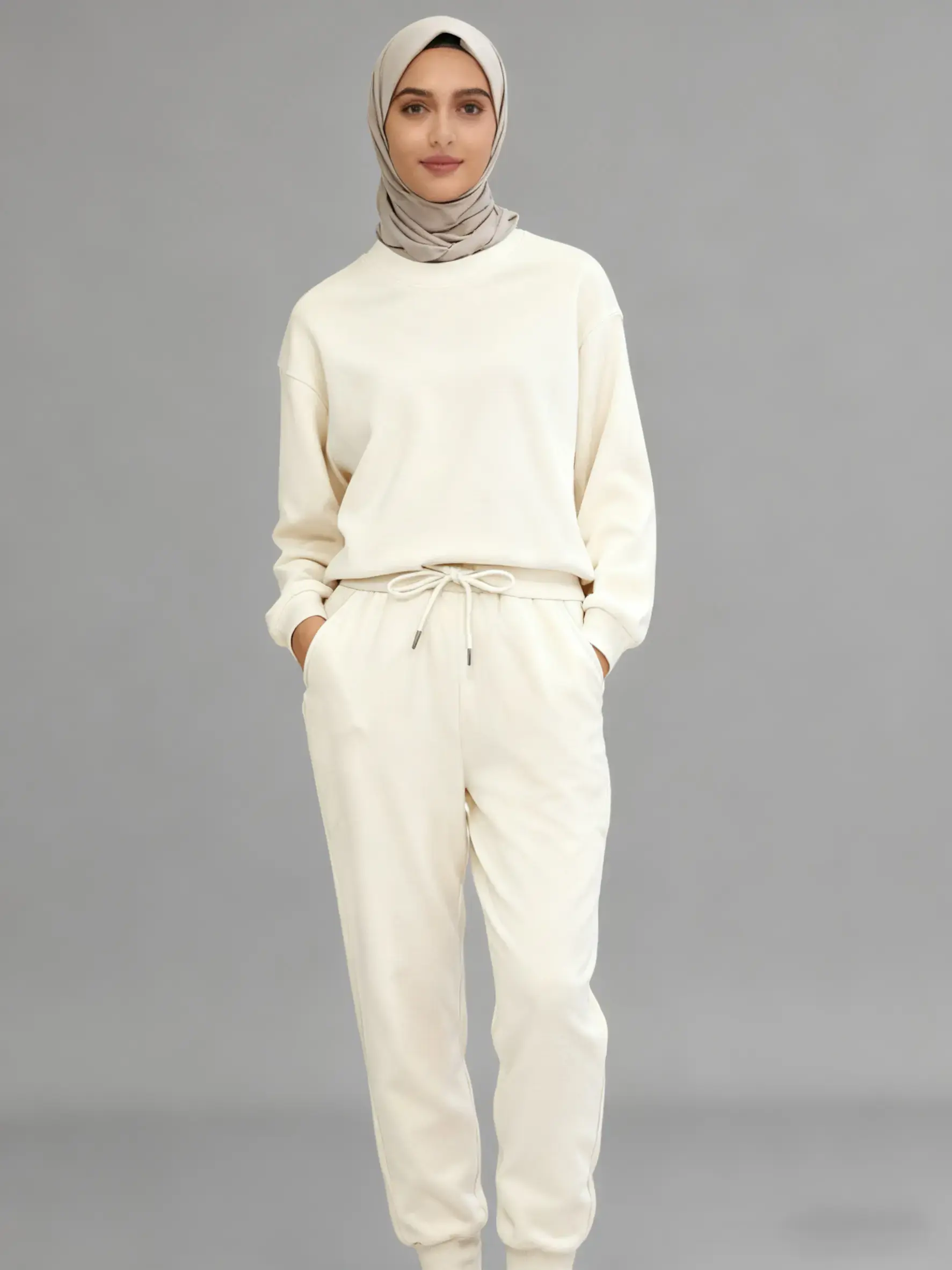 Women's Plain Drawstring Adjustable Long Pants, Warm Fleece Sweatpants for Fall & Winter, Casual Regular Fit with Pockets, Muslim Friendly