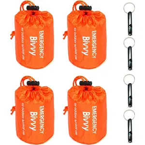4 Pack Emergency Bag Survival Bivvy Sack with Whistles, Lightweight Portable Emergency Supplies for Outdoor Camping Hiking Keep Warm After Earthquakes, Hurricanes Disasters