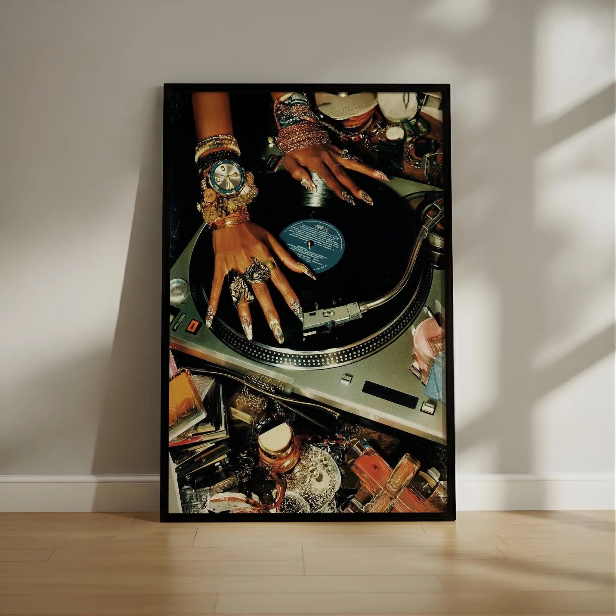 [Unframe Poster] Vintage Vinyl DJ Glam Poster  Luxury Jewelry & Turntable Wall Art, Retro Music Aesthetic Print for Stylish Interiors