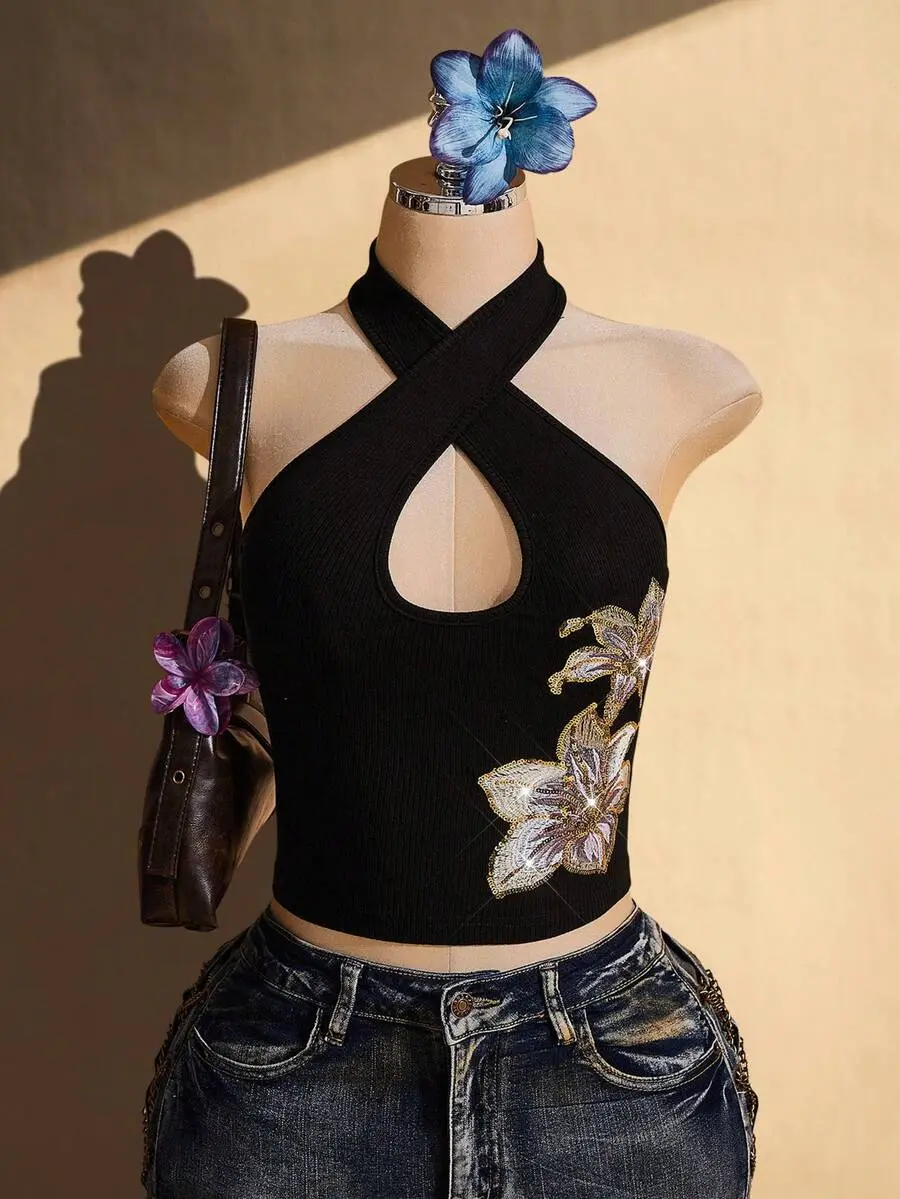 Plus Size Women's Sequin Embroidered Halter Neck Vest,Black And Gold,Summer,Girlism,Night,Holiday Nightclub Y2K Top For Carnival Party Streetwear