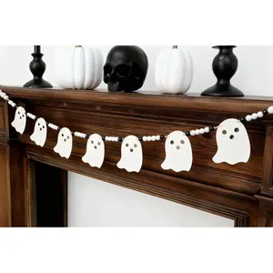 Cute Halloween Ghost Garland Decorations Indoor Outdoor, Wood Ghost Banner with Beads, Rustic Halloween Banner for Haunted House Party Decor