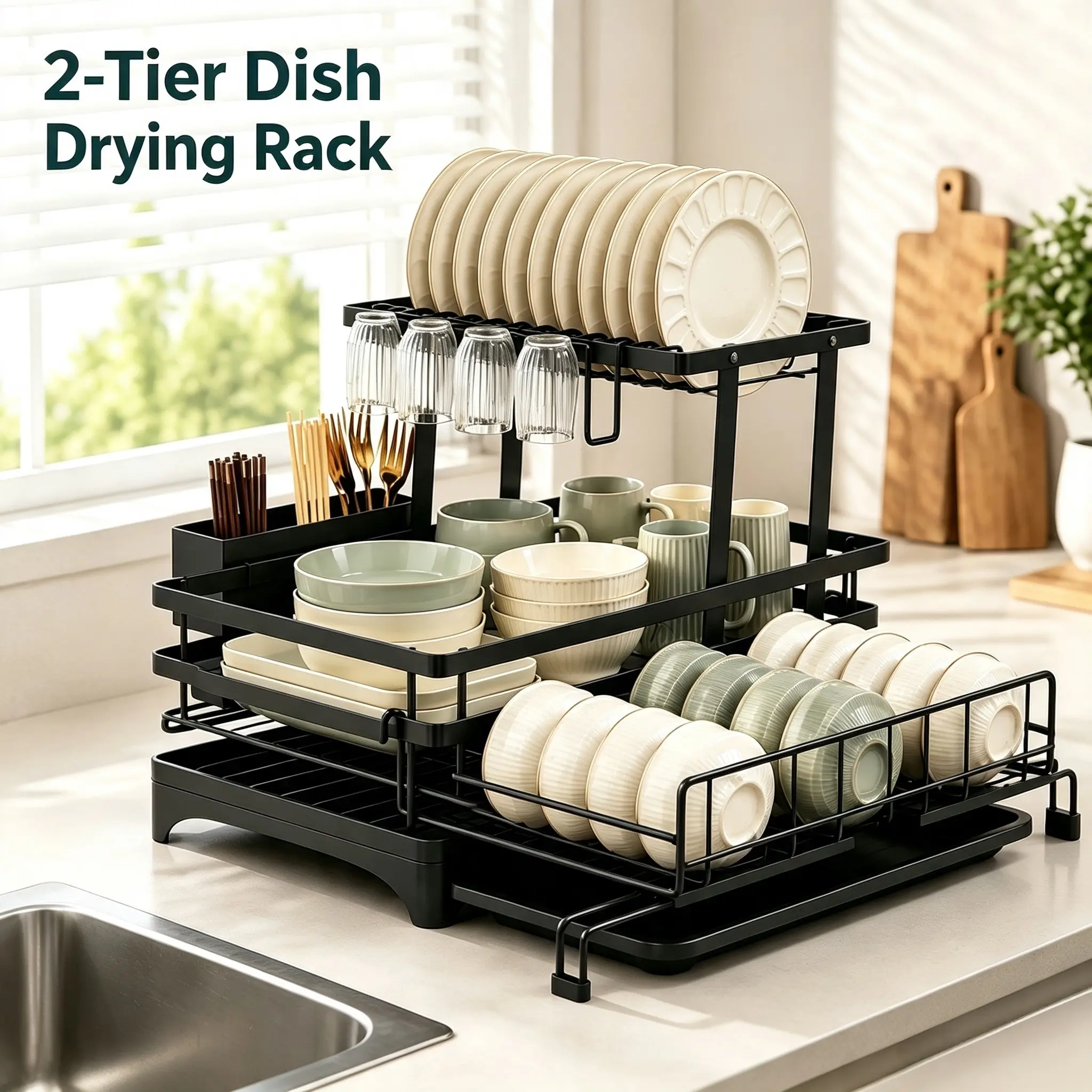 Double-layer expandable dish drying rack, multifunctional kitchen storage rack with automatic water drainage design, suitable for countertops/sinks, ideal for small apartments and families.