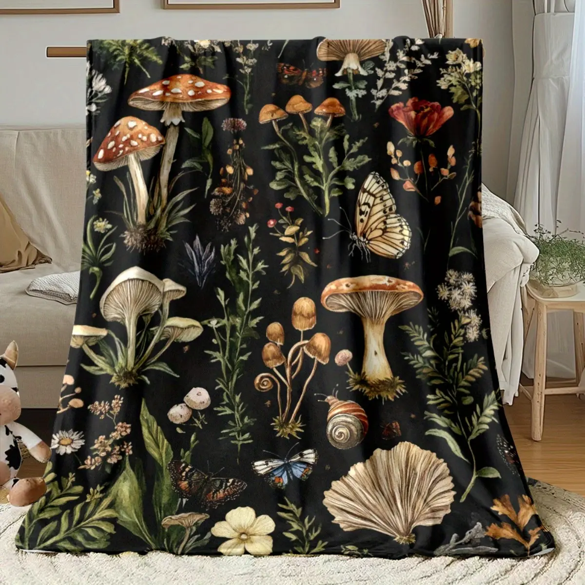 Vintage Watercolor Mushroom-Butterfly Flannel Throw Blankets, Ultra-Soft Plush Forest Botanical Print Fleece, Cozy Warm for Couch-Bed, Cottagecore Home Decor, Nature Lover Gift, All-Season Use