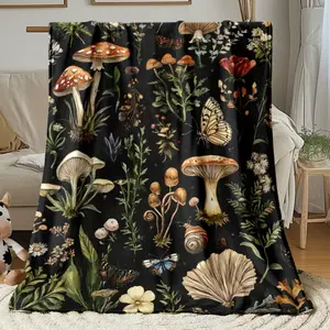 Vintage Watercolor Mushroom & Butterfly Flannel Blanket, Ultra-Soft Plush Throw with Forest Botanical Print, Cozy Warm Fleece Blanket for Couch Bed Sofa, Perfect Cottagecore Home Decor & Gift for Nature Lovers, All-Season Comfort