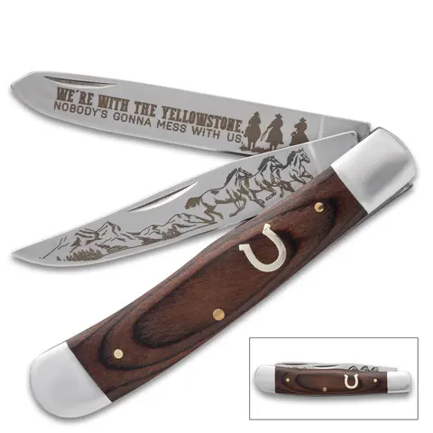 Horseshoe Trapper Pocket Knife - Clip-Spey Duo, Horse & Mountain Inscription, Dual Stainless Steel Blades, Wooden Multi-Use Knives for Everyday Food Prep, Essential Kitchenware Tool