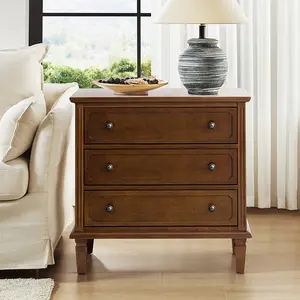 Hulala Transitional Wood End Table with Drawers and Power Outlet Optional Types for Home Decor, Integrated Power Outlet, Timeless Transitional Design, Elegant Knife-Carved Detailing, Three Spacious Drawers, Sturdy Solid Wood Legs Nightstand