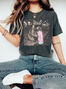 Raccoon Alani Drink Graphic Shirt Comfort Colors, Fun Animal Lover Shirt, Vintage Raccoons Shirt, Funny Meme Genz Dank Raccoons T-Shirt, Full Sizes