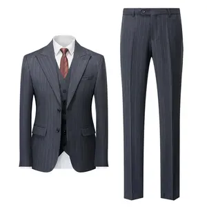 Men's Classic Stripe Suit 3 Piece Elegant Business Suit Two Button Wedding Prom Tuxedo Jacket Vest & Pants 2024-Dark gray Slim Fit Men's Three-Piece Tuxedo Set slim fit Men's Business Men's Three-Piece prom suit party suits