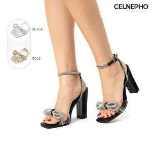 CELNEPHO Womens Heeled Sandals Summer Sandal Open Square Toe Rhinestone Bow Knot Chunky Block Heel Ankle Strap Easy Slip On Casual Wedding Party Dress Shoes