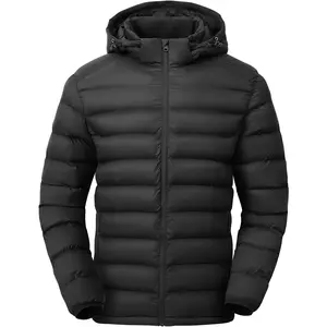 Men's Lightweight Puffer Jackets Detachable Hood Water-Resistant Casual Winter Coat Hooded Insulated for Travel Ski Fabric Menswear Tops Zipper