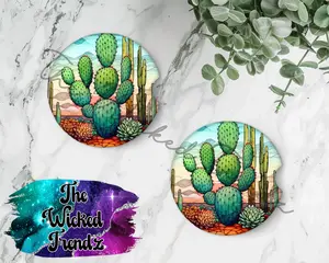 Cute Car Coasters Set of 2 Cactus Prickly Pear Desert Western Cute Car Truck Western Accessories Decor Cup Holder New Car Gift Car Decoration Women Men Girl Car