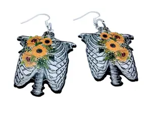 Sunflower ribs dangle earrings set. Grunge, skulls, sunflower fantasy earrings. Female Casual