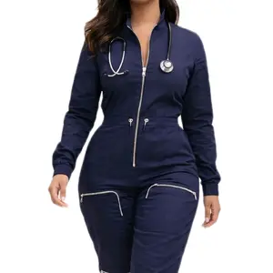 Heart Align Scrubs Fashion Scrub Jumpsuit Navy Zip Front One-Piece with Deep Zipper Cargo Pockets & Drawstring Waist for Medical Professionals - Fabric, Fit