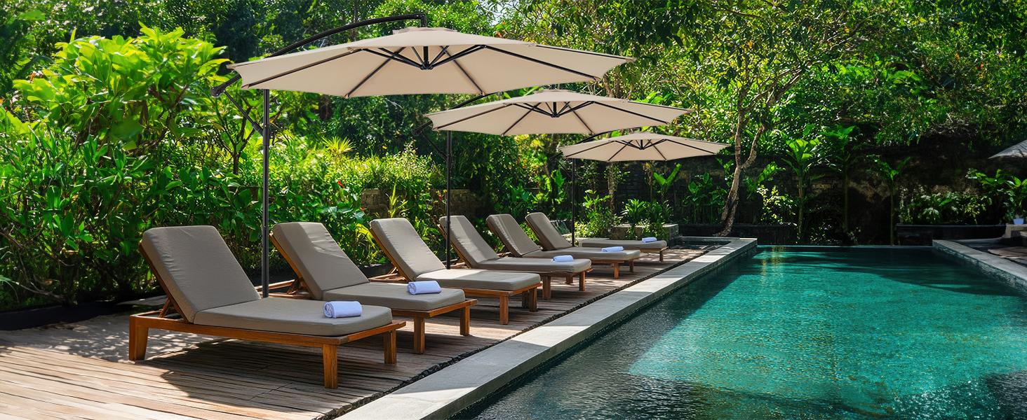 10ft Offset Hanging Market Patio Umbrella w/Easy Tilt Adjustment, Polyester Shade, 8 Ribs for Backyard, Poolside, Lawn and Garden