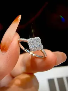 Luxury Moissanite Ring with Lucky Four-Leaf Clover Design, Elegant Fashion Jewelry Gift for Women, Perfect for Parties & Holidays, Elegant Glittering Ring, Heart Cluster Ring