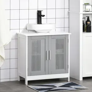 Under‑Sink Pedestal Bathroom Storage Cabinet – Gray/White