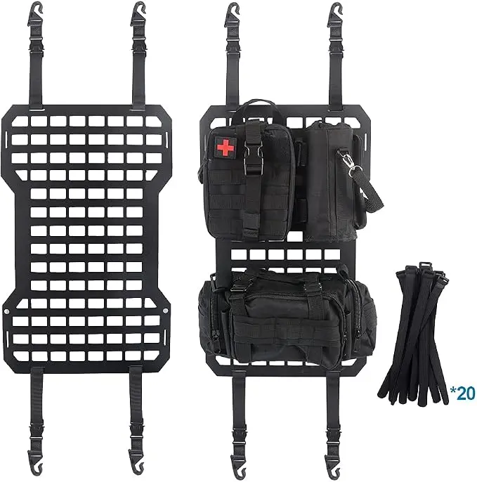 Two Sets Tactical Rigid Molle Aluminum Insert Panel with Multifunctional Storage Bag,Medical First Aid Utility Pouch,Water Cup Bag Modular Platform and 20 Fastening Tape for Jeep,SUV,Car, 2pcs