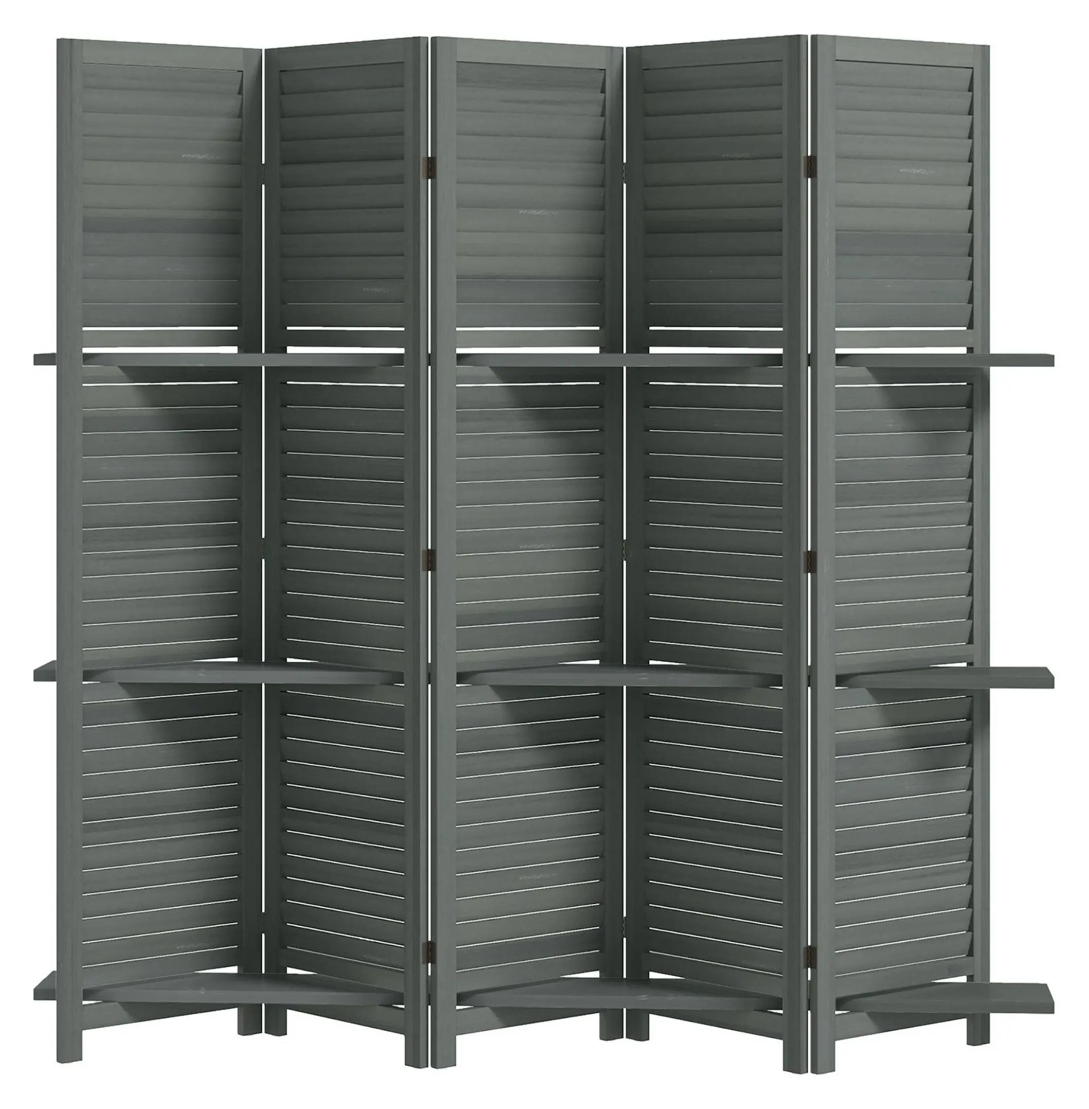 Wood Room Divider 67" Tall, 5 Panel Folding Privacy Screen with 3 Shelves - Gray