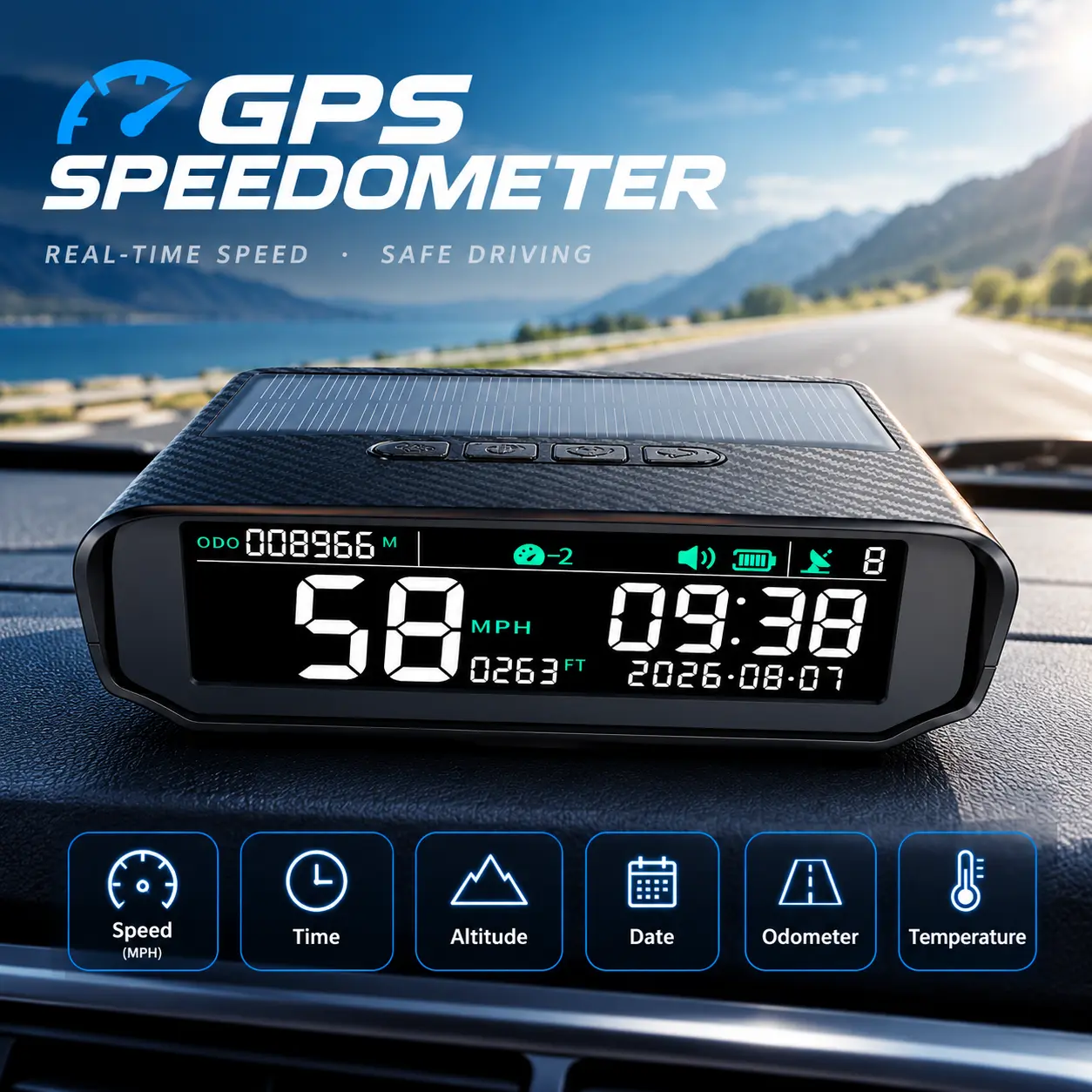 AOMOSUR X100 Model Wireless Heads-Up Display - Solar GPS Digital Speedometer with LCD Screen, Overspeed Alarm, KMH/MPH, Time, Altitude, Temperature | Car Accessories, Auto Accessories Interior