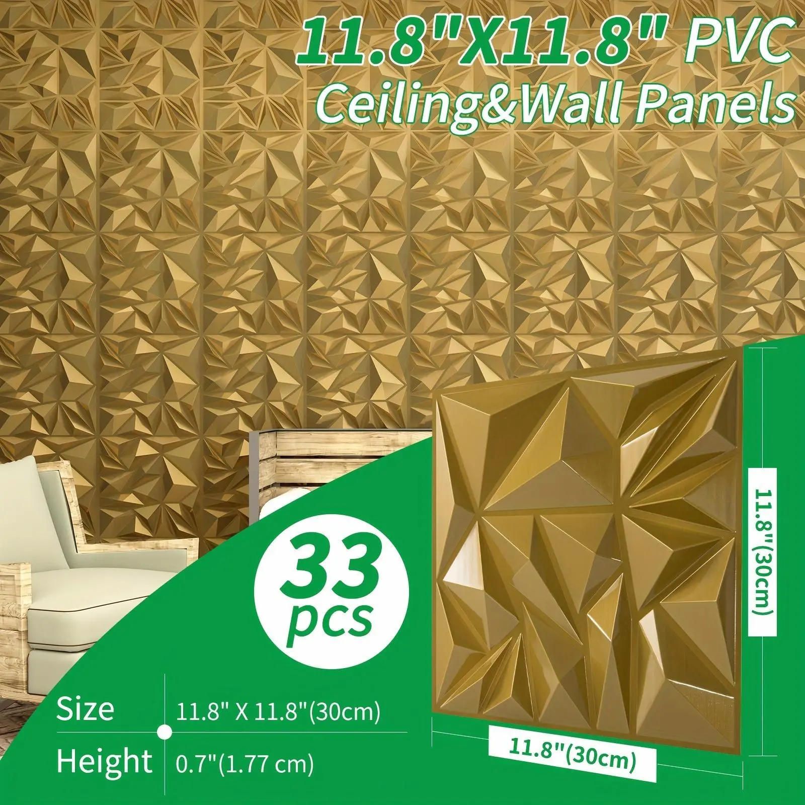 PVC Laminated Sheets-11.8" X 11.8" X 0.7" Each Piece, Total Cover About 32 Sq.Ft. Suit for Wall Decor Home Decor, Golden Silver Black White Diamond Cut Design