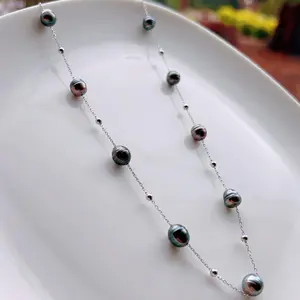 Piswency Black Tahitian Pearl Starry Necklace, Real Salwater Baroque Pearls, 925 Sterling Silver Chain, Rare Natural Luster Pearls Jewelry, Gift for Her
