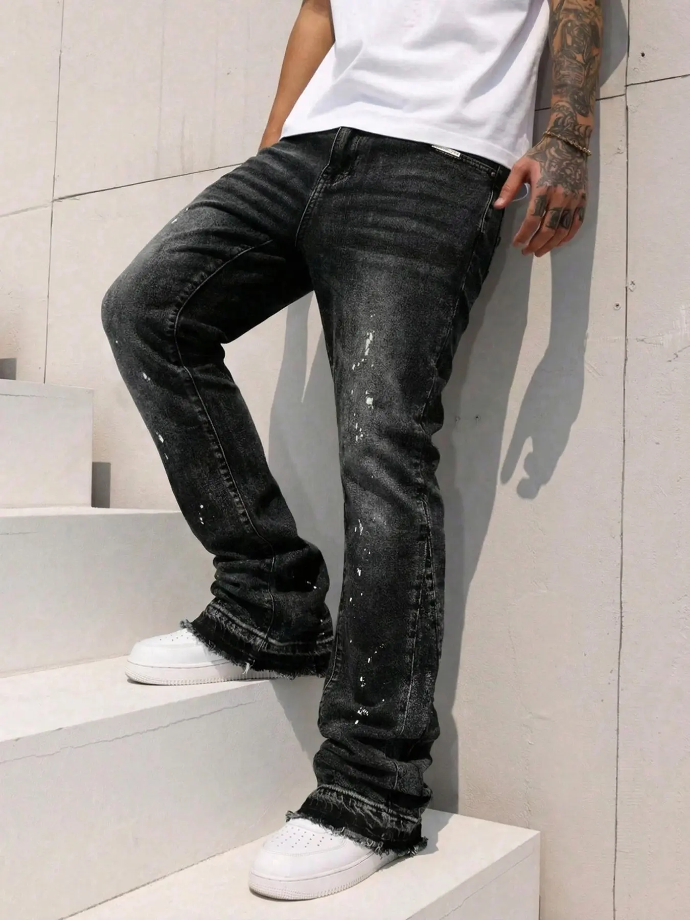 Men's High-End Casual Streetwear Loose-Fitting Jeans, All Seasons Button Fly Zipper Bootcut Flare Leg Pants, Plain Water Washed Denim Bottoms, Trouser, Denim Lower