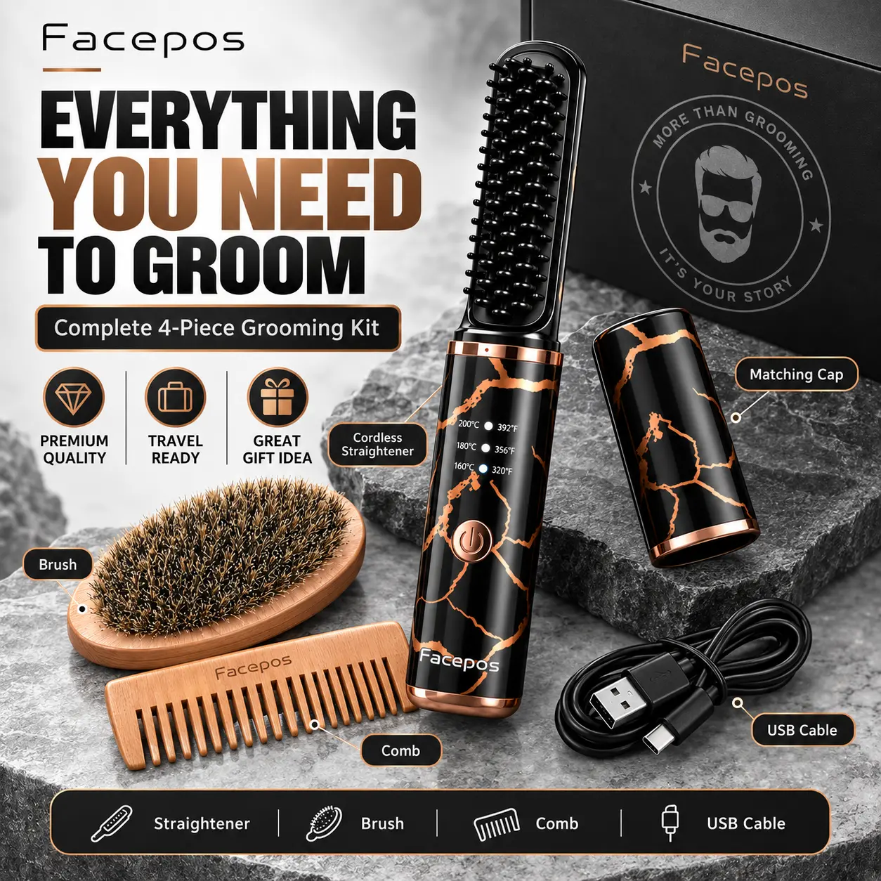 FACEPOS Cordless Beard Straightener for Men, 4-in-1 Rechargeable Heated Brush Straightening Comb,  3 temp settings, Anti-Scalding & Ionic Tech no Frizz Comfort Styling Hair Wooden Soft brag gn beauty rat tail skullet rollers Holder Bun Lazy Expandable
