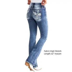 Washed Embroidery Button Up Mid Rise Flare Jeans Comfort Denim