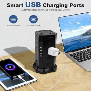 Power strip tower, multiple device charging towers, surge protection tower, with 12 AC power sockets and 4 USB ports (1 USB C), overload protection for home, kitchen, dormitory, and office desks. Compact Durable Equipment Cable