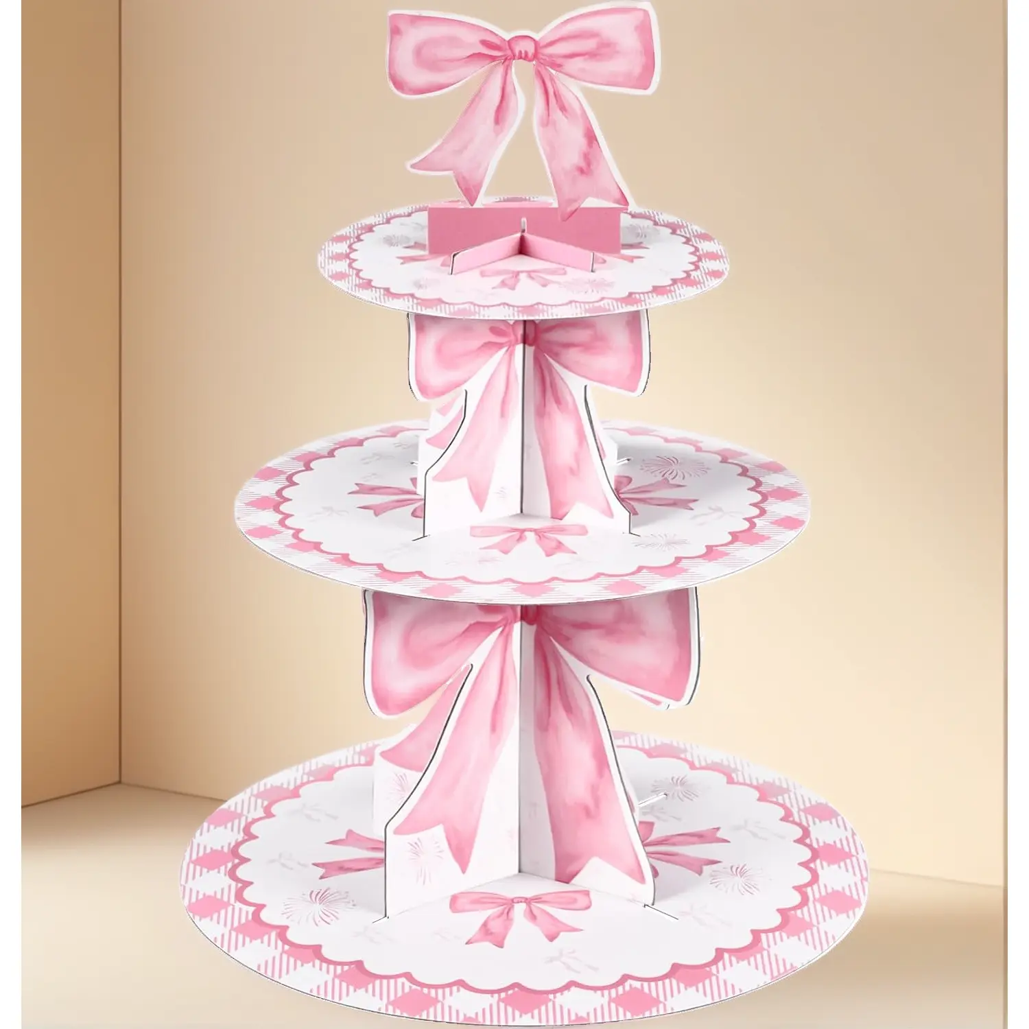3-Tier Coquette Pink Bow Cake Stand Decoration, Pink Dessert Display Tower with Bow Accents for Wedding, Birthday Party Supplies, Ornaments