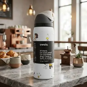 Cute Black and White Sno-py Peanuts x Owala FreeSip 32oz, Aesthetic Pastel Insulated Water Bottle, Leak-Proof Travel Flask for School & Gym
