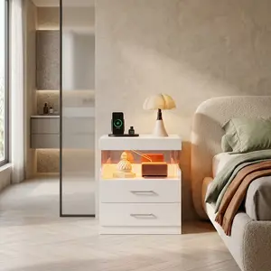 Modern White Rectangular Nightstand, Multifunctional Bedside Table With Drawer Storage, LED Light & Wall Plug Charging Station, Large Capacity Composite Wood End Side Cabinet For Bedroom Home Daily Use
