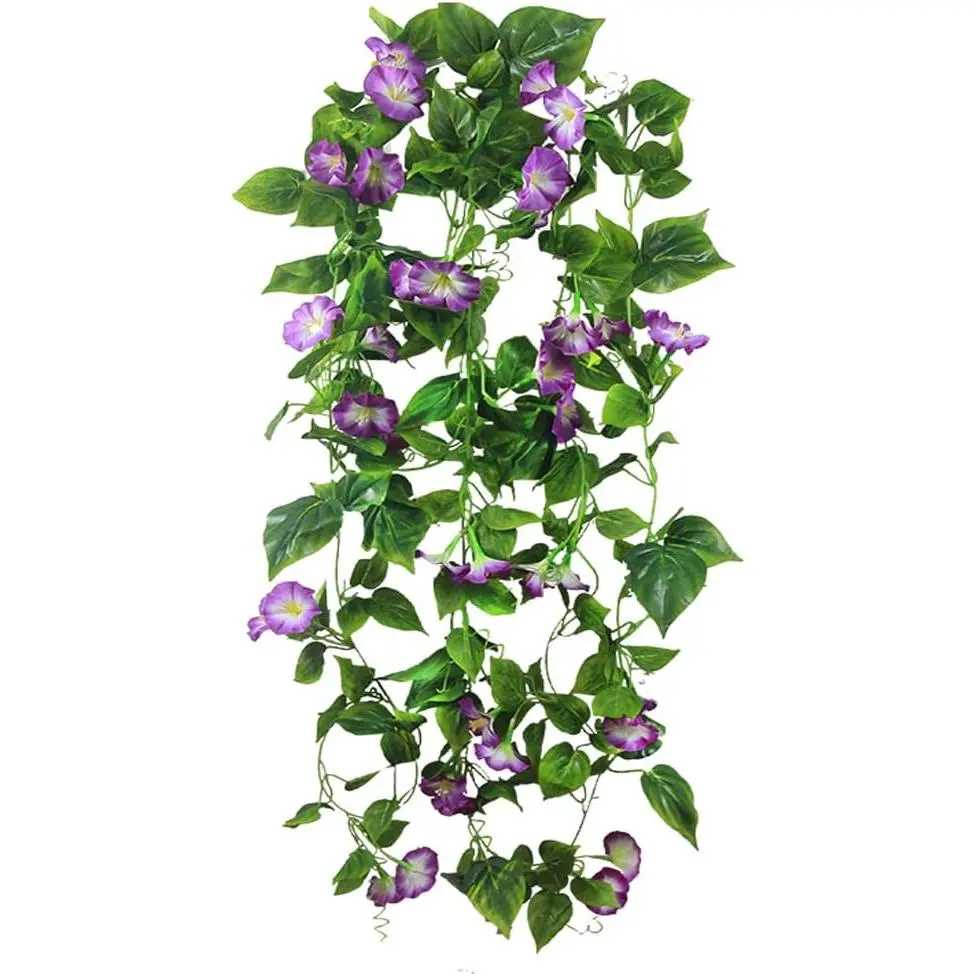 Silk-Plastic Purple Morning Glory Flower Artificial Vines, 2-Piece Set (2 Vine Pattern Garlands, 15ft Each) UV-Resistant Decorative Hanging Fake Green Plants for Indoor Wall & Outdoor Fence Decor