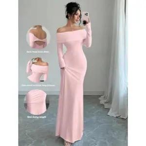 Sexy Elegant Fitted Long Sleeve Cinched Waist Double Layer Off-Shoulder Backless Twist Fishtail Hem Ribbed Knit Dress, White, Autumn/Winter Maxi Women’s Outfit that can be worn with a raincoat