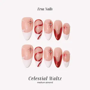 ErsaNails CELESTIAL WALTZ - Medium Almond 10 PCS Handmade Press On Nails | French Tip & Handpainted