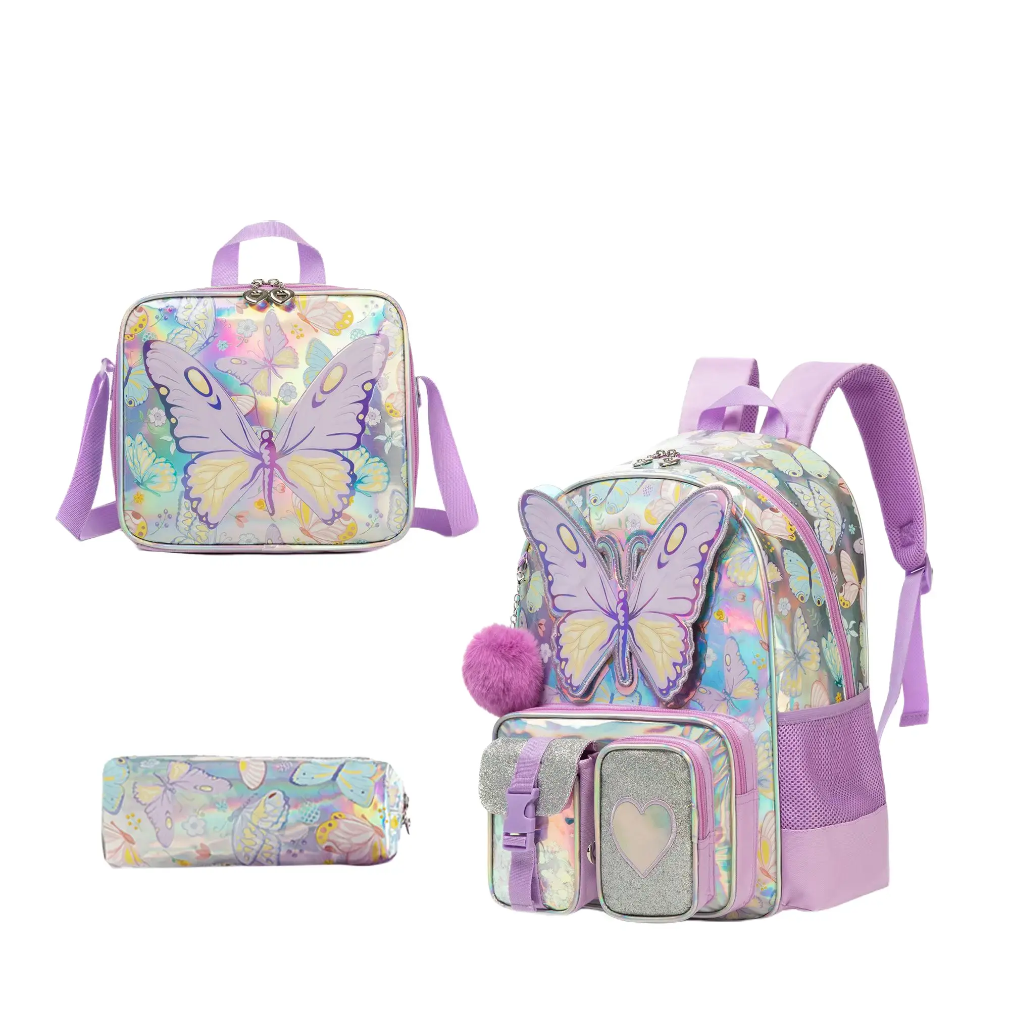 Girls' Holographic Purple Butterfly 3-Piece Kids Backpack Set, School Bookbag with Lunch Box and Pencil Case